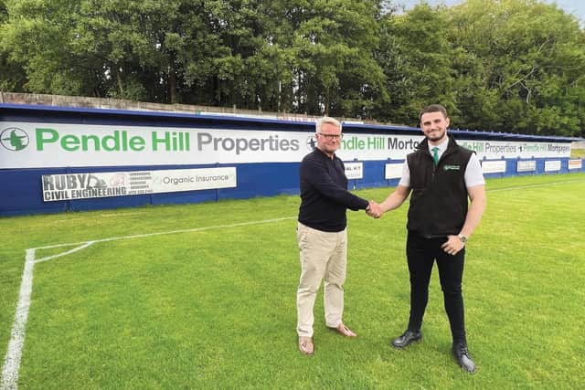 Padiham FC chairman Shaun Astin and Pendle Hill Properties sales director Thomas Turner