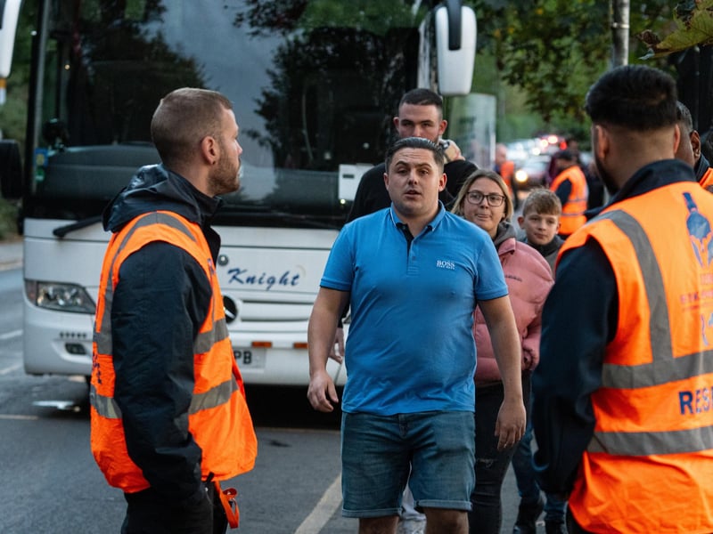 Burnley fans arrive at the Peninsula Stadium for the Carabao Cup tie with Salford City. Photo: Kelvin Lister-Stuttard