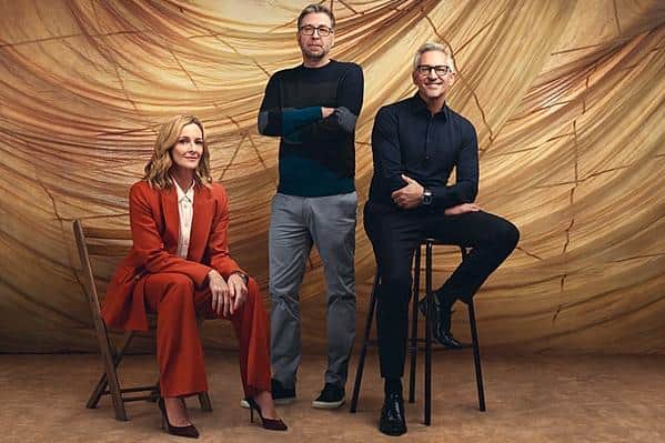 Gabby Logan, Mark Chapman and Gary Lineker front the BBC Sport presentation team for the coverage of the FIFA World Cup Qatar 2022