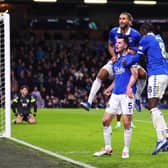 BURNLEY, ENGLAND - DECEMBER 16: Michael Keane of Everton (C) celebrates with teammates  Dominic Calvert-Lewin and Amadou Onana after scoring their team's second goal  during the Premier League match between Burnley FC and Everton FC at Turf Moor on December 16, 2023 in Burnley, England. (Photo by Marc Atkins/Getty Images)