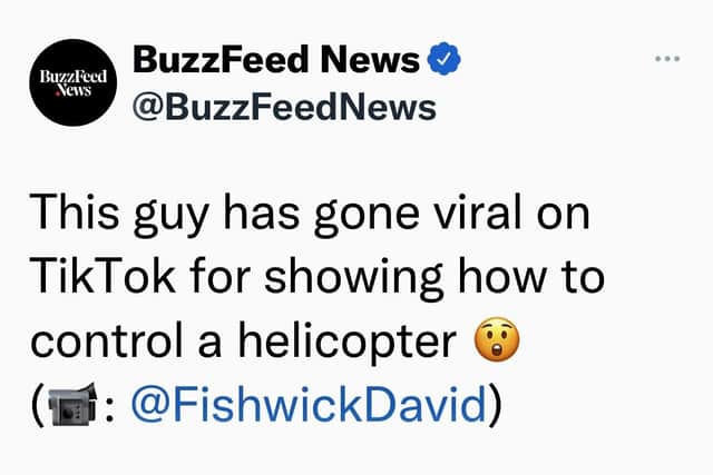 Dave Fishwick at the controls of his helicopter, which has gone viral on TikTok