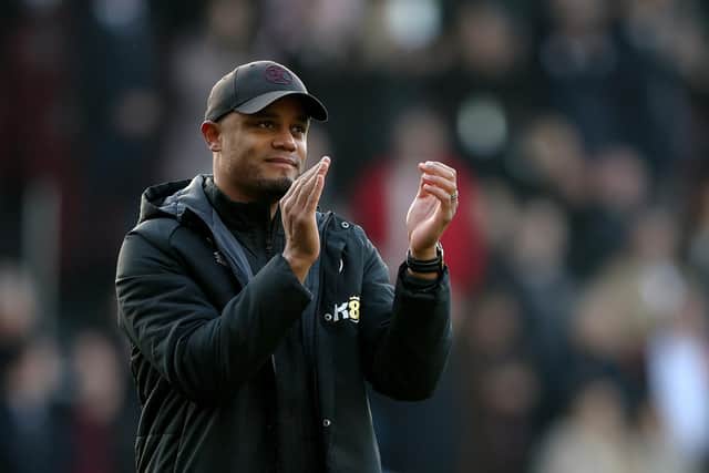 BURNLEY, ENGLAND - NOVEMBER 13: Vincent Kompany, Manager of Burnley acknowledges the fans following their sides victory in the Sky Bet Championship between Burnley and Blackburn Rovers at Turf Moor on November 13, 2022 in Burnley, England. (Photo by Nathan Stirk/Getty Images)