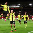 NOTTINGHAM, ENGLAND - SEPTEMBER 18:  Zeki Amdouni of Burnley celebrates scoring his goal with Connor Roberts during the Premier League match between Nottingham Forest and Burnley FC at City Ground on September 18, 2023 in Nottingham, United Kingdom. (Photo by Marc Atkins/Getty Images)