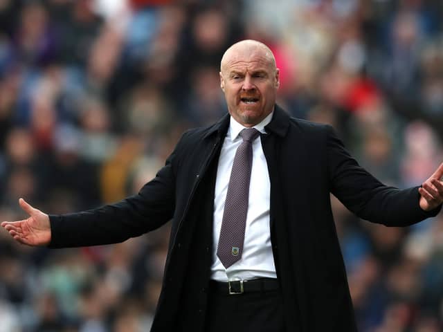 BURNLEY, ENGLAND - APRIL 02: Sean Dyche, Manager of Burnley reacts during the Premier League match between Burnley and Manchester City at Turf Moor on April 02, 2022 in Burnley, England. (Photo by Jan Kruger/Getty Images)