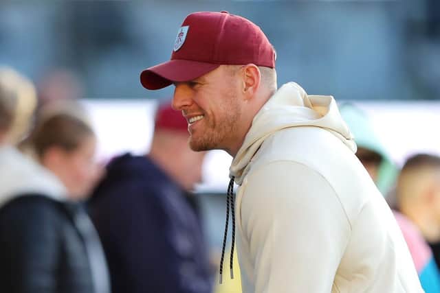 BURNLEY, ENGLAND - NOVEMBER 25: J.J. Watt, Minority Owner of Burnley, looks on prior to the Premier League match between Burnley FC and West Ham United at Turf Moor on November 25, 2023 in Burnley, England. (Photo by James Gill/Getty Images)