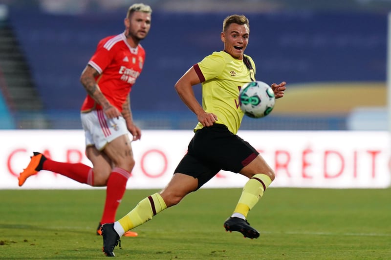 LISBON, PORTUGAL - JULY 25:  Scott Twine of Burnley FC with Morato of SL Benfica in action during the Pre-Season Friendly match between SL Benfica and Burnley FC at Estadio do Restelo on July 25, 2023 in Lisbon, Portugal.  (Photo by Gualter Fatia/Getty Images)