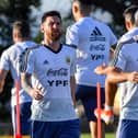 Argentina's Lionel Messi (L) and Argentina's Sergio Aguero train during a practice session in Belo Horizonte, Brazil, on July 1, 2019, on the eve of the Copa America tournament semi-final football match between Argentina and Brazil. (Photo by PEDRO UGARTE / AFP)        (Photo credit should read PEDRO UGARTE/AFP via Getty Images)