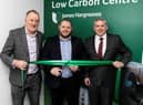 (Left to right) Director Bill Davies, Burnley MP Anthony Higginbotham and Sustainability Home Centre manager Craig Payne cut the ribbon.