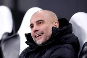 NEWCASTLE UPON TYNE, ENGLAND - JANUARY 13: Pep Guardiola, Manager of Manchester City, looks on prior to the Premier League match between Newcastle United and Manchester City at St. James Park on January 13, 2024 in Newcastle upon Tyne, England. (Photo by Alex Livesey/Getty Images)
