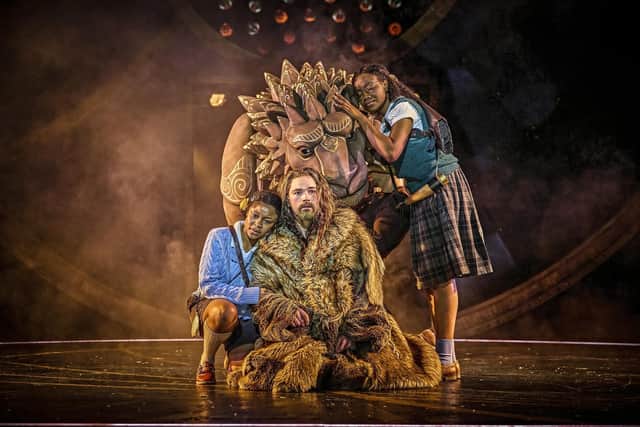 Kudzai Mangombe (Lucy) Stanton Wright (Aslan) Joanna Adaran (Susan). Photo by Brinkhoff-Moegenburg