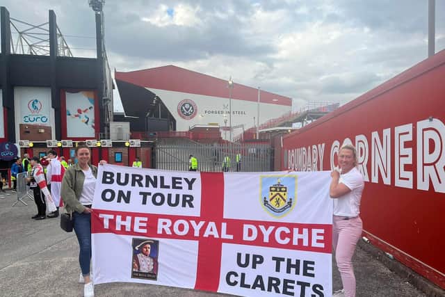 Burnley pub landlady Justine Lorriman (left) pictured at the Euro 2022 semi finals last week with her partner Steph Bedford,  said she hopes the Lionesses’ sensational and historic victory on Sunday will be a 'major boost' for women's football.