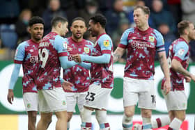 Burnley's Nathan Tella (Ctr) celebrates with team-mates after scoring his side's second goal 

The EFL Sky Bet Championship - Burnley v Wigan Athletic - Saturday 11th March 2023 - Turf Moor - Burnley