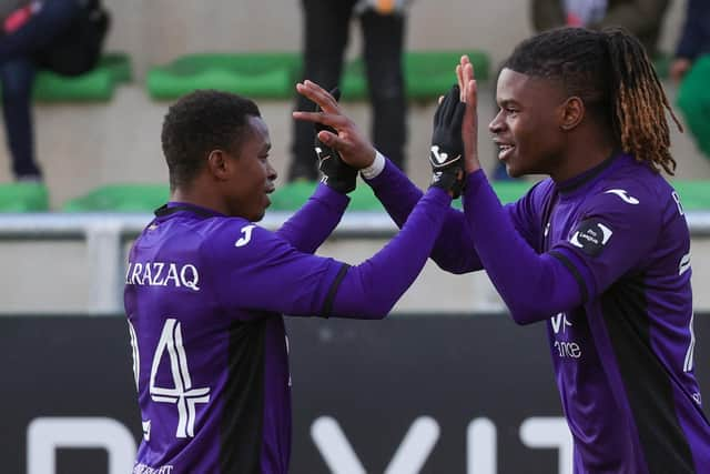 RSCA Futures' Enock Agyei celebrates after scoring during a soccer match between Royal Excelsior Virton and RSCA Futures (U23), Saturday 28 January 2023 in Virton, on day 22 of the 2022-2023 'Challenger Pro League' 1B second division of the Belgian championship. BELGA PHOTO VIRGINIE LEFOUR (Photo by VIRGINIE LEFOUR / BELGA MAG / Belga via AFP) (Photo by VIRGINIE LEFOUR/BELGA MAG/AFP via Getty Images)