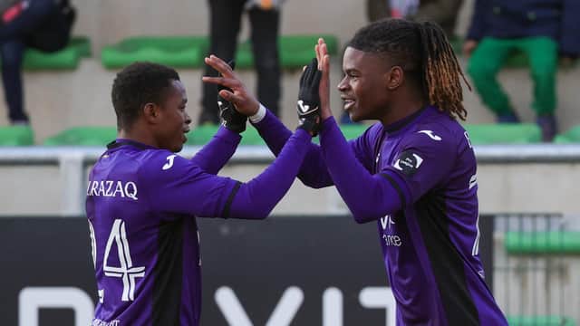 RSCA Futures' Enock Agyei celebrates after scoring during a soccer match between Royal Excelsior Virton and RSCA Futures (U23), Saturday 28 January 2023 in Virton, on day 22 of the 2022-2023 'Challenger Pro League' 1B second division of the Belgian championship. BELGA PHOTO VIRGINIE LEFOUR (Photo by VIRGINIE LEFOUR / BELGA MAG / Belga via AFP) (Photo by VIRGINIE LEFOUR/BELGA MAG/AFP via Getty Images)