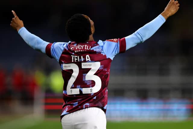 Burnley's Nathan Tella celebrates scoring the opening goal 

The Emirates FA Cup Fourth Round Replay - Burnley v Ipswich Town - Tuesday 7th February 2023 - Turf Moor - Burnley