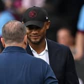 Burnley's Belgian manager Vincent Kompany (R) and Tottenham Hotspur's Greek-Australian Head Coach Ange Postecoglou (L) shake hands after the English Premier League football match between Burnley and Tottenham Hotspur at Turf Moor in Burnley, north-west England on September 2, 2023. Tottenham won the game 5-2. (Photo by Paul ELLIS / AFP) / RESTRICTED TO EDITORIAL USE. No use with unauthorized audio, video, data, fixture lists, club/league logos or 'live' services. Online in-match use limited to 120 images. An additional 40 images may be used in extra time. No video emulation. Social media in-match use limited to 120 images. An additional 40 images may be used in extra time. No use in betting publications, games or single club/league/player publications. /  (Photo by PAUL ELLIS/AFP via Getty Images)