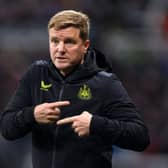 NEWCASTLE UPON TYNE, ENGLAND - SEPTEMBER 27: Eddie Howe, Manager of Newcastle United, reacts  during the Carabao Cup Third Round match between Newcastle United and Manchester Cityat St James' Park on September 27, 2023 in Newcastle upon Tyne, England. (Photo by George Wood/Getty Images)