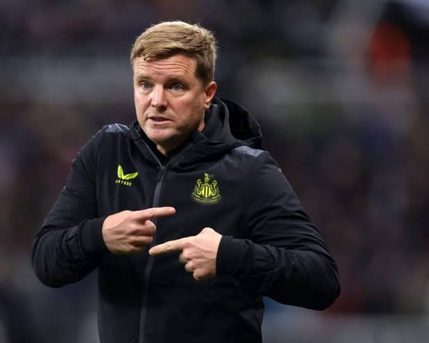 NEWCASTLE UPON TYNE, ENGLAND - SEPTEMBER 27: Eddie Howe, Manager of Newcastle United, reacts  during the Carabao Cup Third Round match between Newcastle United and Manchester Cityat St James' Park on September 27, 2023 in Newcastle upon Tyne, England. (Photo by George Wood/Getty Images)