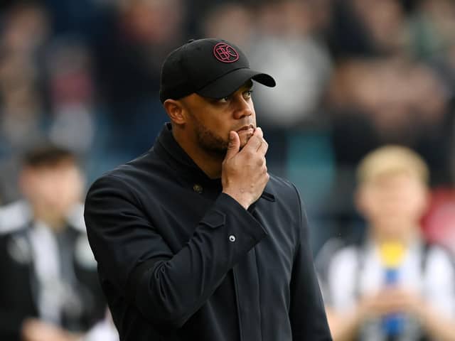 BURNLEY, ENGLAND - MAY 04: Vincent Kompany, Manager of Burnley, reacts during the Premier League match between Burnley FC and Newcastle United at Turf Moor on May 04, 2024 in Burnley, England. (Photo by Gareth Copley/Getty Images)
