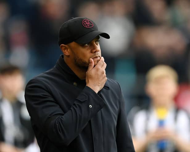 BURNLEY, ENGLAND - MAY 04: Vincent Kompany, Manager of Burnley, reacts during the Premier League match between Burnley FC and Newcastle United at Turf Moor on May 04, 2024 in Burnley, England. (Photo by Gareth Copley/Getty Images)
