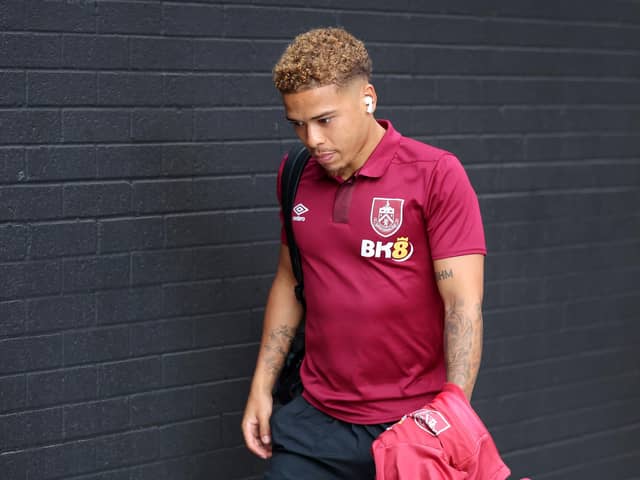 BURNLEY, ENGLAND - AUGUST 11: Manuel Benson of Burnley arrives at the stadium prior to the Premier League match between Burnley FC and Manchester City at Turf Moor on August 11, 2023 in Burnley, England. (Photo by Nathan Stirk/Getty Images)