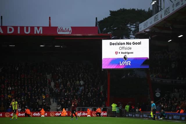 BOURNEMOUTH, ENGLAND - OCTOBER 28: The LED board shows the decision of "No Goal" after Jay Rodriguez of Burnley (not pictured) scored an offside goal during the Premier League match between AFC Bournemouth and Burnley FC at Vitality Stadium on October 28, 2023 in Bournemouth, England. (Photo by Eddie Keogh/Getty Images)