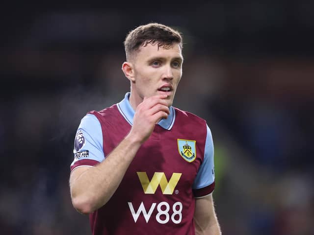 BURNLEY, ENGLAND - DECEMBER 26: Dara O'Shea of Burnley reacts during the Premier League match between Burnley FC and Liverpool FC at Turf Moor on December 26, 2023 in Burnley, England. (Photo by Lewis Storey/Getty Images)