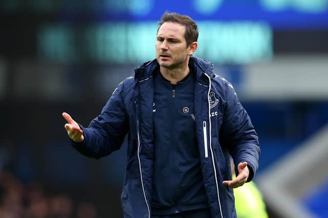 LIVERPOOL, ENGLAND - MARCH 13: Frank Lampard, Manager of Everton reacts following defeat in the Premier League match between Everton and Wolverhampton Wanderers at Goodison Park on March 13, 2022 in Liverpool, England. (Photo by Alex Livesey/Getty Images)