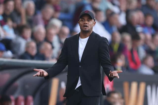 BURNLEY, ENGLAND - OCTOBER 07: Vincent Kompany, Manager of Burnley, reacts during the Premier League match between Burnley FC and Chelsea FC at Turf Moor on October 07, 2023 in Burnley, England. (Photo by George Wood/Getty Images)
