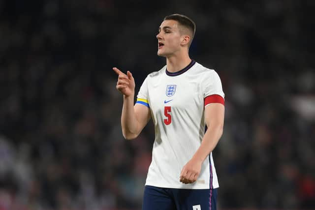 BOURNEMOUTH, ENGLAND - MARCH 25: Captain Taylor Harwood-Bellis of England makes a point during the UEFA European Under-21 Championship Qualifier match between England U21 and Andorra U21 on March 25, 2022 in Bournemouth, England. (Photo by Mike Hewitt/Getty Images)