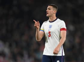 BOURNEMOUTH, ENGLAND - MARCH 25: Captain Taylor Harwood-Bellis of England makes a point during the UEFA European Under-21 Championship Qualifier match between England U21 and Andorra U21 on March 25, 2022 in Bournemouth, England. (Photo by Mike Hewitt/Getty Images)