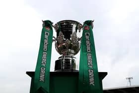 NEWPORT, WALES - AUGUST 27: The League Cup  Trophy ahead of kick off in the Carabao Cup Second Round match between Newport County and West Ham United at Rodney Parade on August 27, 2019 in Newport, Wales. (Photo by Catherine Ivill/Getty Images)