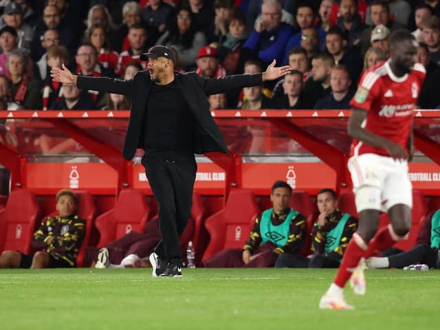 NOTTINGHAM, ENGLAND - AUGUST 30: An animated Vincent Kompany, Manager of Burnley, instructs his players during the Carabao Cup Second Round match between Nottingham Forest and Burnley at City Ground on August 30, 2023 in Nottingham, England. (Photo by Nathan Stirk/Getty Images)