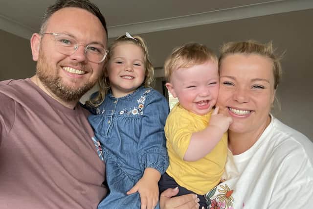 Laura and Aaron Holt with their children Ruby (three) and Jonah, who is one in November. The couple are on a mission to raise awareness of Jonah's rare condition Tuberous Sclerosis which affects only one million people in the world