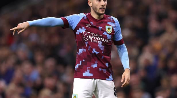 BURNLEY, ENGLAND - OCTOBER 25: Josh Brownhill of Burnley gestures during the Sky Bet Championship between Burnley and Norwich City at Turf Moor on October 25, 2022 in Burnley, England. (Photo by Nathan Stirk/Getty Images)
