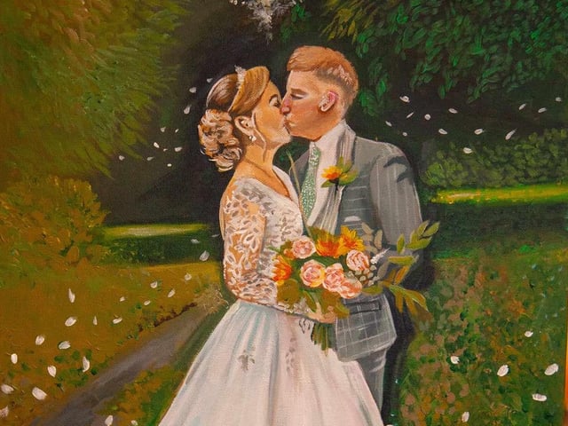 This canvas of Layla Boult and Lee Ormerod is by Stevie-Leigh Gough who painted it during their wedding reception