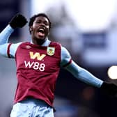 BURNLEY, ENGLAND - FEBRUARY 03: David Datro Fofana of Burnley celebrates scoring his team's first goal during the Premier League match between Burnley FC and Fulham FC at Turf Moor on February 03, 2024 in Burnley, England. (Photo by Naomi Baker/Getty Images)