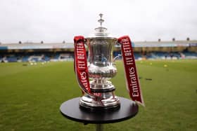 GILLINGHAM, ENGLAND - JANUARY 07: A detailed view of the Emirates FA Cup Trophy prior to the Emirates FA Cup Third Round match between Gillingham and Leicester City at MEMS Priestfield Stadium on January 07, 2023 in Gillingham, England. (Photo by Alex Pantling/Getty Images)