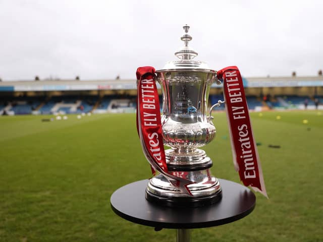GILLINGHAM, ENGLAND - JANUARY 07: A detailed view of the Emirates FA Cup Trophy prior to the Emirates FA Cup Third Round match between Gillingham and Leicester City at MEMS Priestfield Stadium on January 07, 2023 in Gillingham, England. (Photo by Alex Pantling/Getty Images)