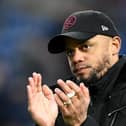 BURNLEY, ENGLAND - FEBRUARY 03: Vincent Kompany, Manager of Burnley, applauds the fans following the team's victory during the Premier League match between Burnley FC and Fulham FC at Turf Moor on February 03, 2024 in Burnley, England. (Photo by Gareth Copley/Getty Images)
