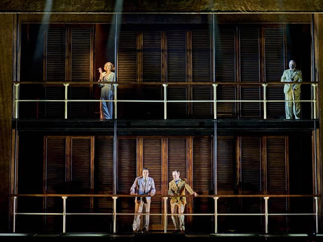 Libby Alexandra-Cooper (Linnet Ridgeway) Nicholas Prasad (Ramses Praed) Howard Gossington (Atticus Praed) and Mark Hadfield (Hercule Poirot) Photo credit Manuel Harlan