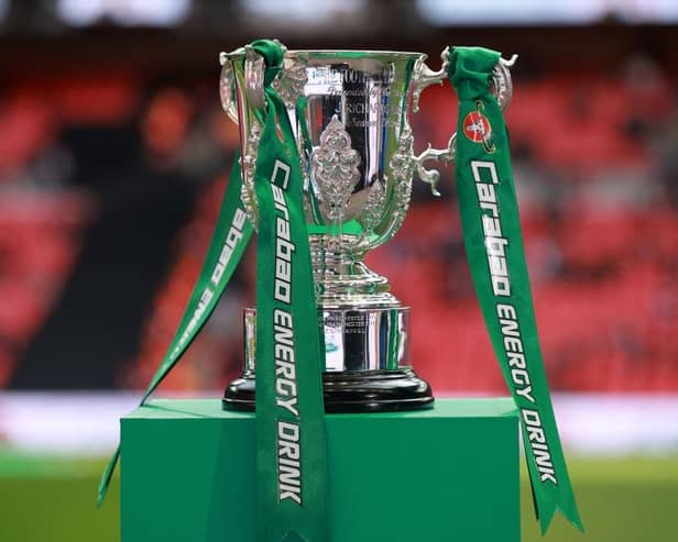 LONDON, ENGLAND - FEBRUARY 26: A general view of the Carabao Cup trophy prior to the Carabao Cup Final match between Manchester United and Newcastle United at Wembley Stadium on February 26, 2023 in London, England. (Photo by Eddie Keogh/Getty Images)