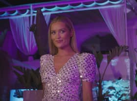 Love Island host Laura Whitmore arrives to kill the vibe at the VIP party with the result of the public vote (ITV)