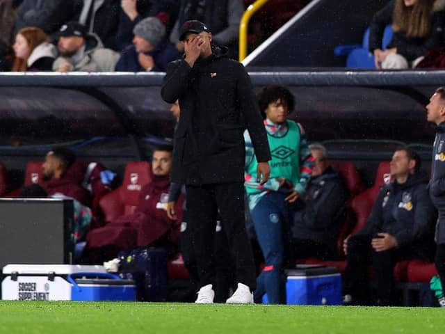 BURNLEY, ENGLAND - NOVEMBER 04: Vincent Kompany, Manager of Burnley, reacts during the Premier League match between Burnley FC and Crystal Palace at Turf Moor on November 04, 2023 in Burnley, England. (Photo by Nathan Stirk/Getty Images)