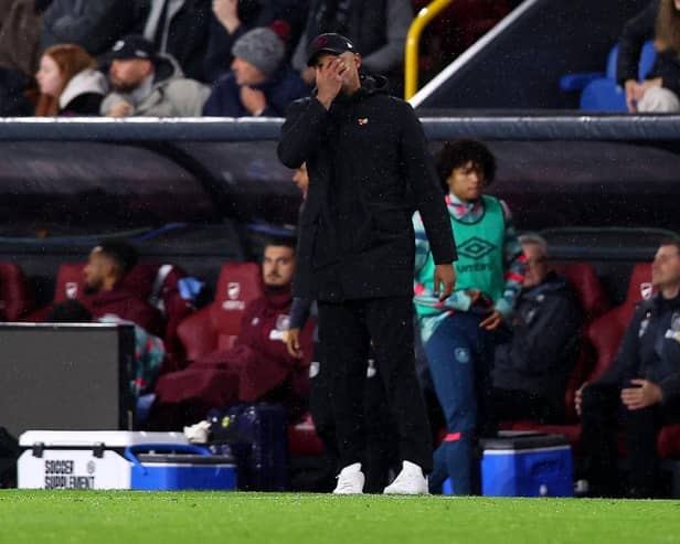 BURNLEY, ENGLAND - NOVEMBER 04: Vincent Kompany, Manager of Burnley, reacts during the Premier League match between Burnley FC and Crystal Palace at Turf Moor on November 04, 2023 in Burnley, England. (Photo by Nathan Stirk/Getty Images)