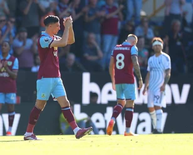 BURNLEY, ENGLAND - MAY 19: Jack Cork of Burnley applauds the fans as he is substituted on during the Premier League match between Burnley FC and Nottingham Forest at Turf Moor on May 19, 2024 in Burnley, England. (Photo by Nathan Stirk/Getty Images)