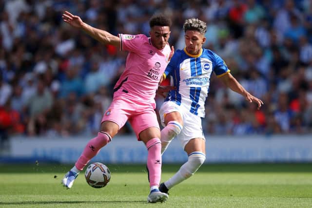 BRIGHTON, ENGLAND - JULY 30: Jeremy Sarmiento of Brighton battles for the ball with Espanyol's Luca Koleosho during the pre-season friendly match between Brighton & Hove Albion and RCD Espanyol at The Amex Stadium on July 30, 2022 in Brighton, England. (Photo by Charlie Crowhurst/Getty Images)