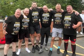 Padiham's Strongest Man competitors (from left to right) Daniel Tattersall,  Sam Grooby, Paddy Tew (second place)  Sean McNab (third place) winner Craig Allott and contest organiser  Anthony Woan
