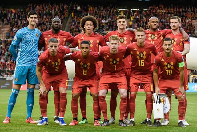 Belgium's team players (front row from L) Belgium's defender Toby Alderweireld, Belgium's midfielder Youri Tielemans, Belgium's midfielder Kevin De Bruyne, Belgium's forward Thorgan Hazard, Belgium's forward Eden Hazard (back row from L) Belgium's goalkeeper Thibaut Courtois, Belgium's forward Romelu Lukaku, Belgium's midfielder Axel Witsel, Belgium's forward Dries Mertens, Belgium's defender Vincent Kompany and Belgium's defender Jan Vertonghen pose for a picture at the start of the UEFA Euro 2020 qualification football match between Belgium and Scotland at the King Baudouin Stadium in Brussels on June 11, 2019. (Photo by JOHN THYS / AFP)
