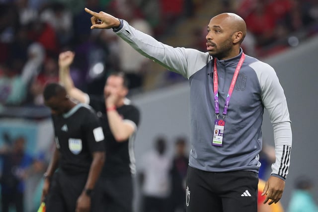 Belgium's French assistant coach Thierry Henry reacts during the Qatar 2022 World Cup Group F football match between Belgium and Canada at the Ahmad Bin Ali Stadium in Al-Rayyan, west of Doha on November 23, 2022. (Photo by JACK GUEZ / AFP) (Photo by JACK GUEZ/AFP via Getty Images)